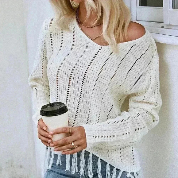 Boho Fringe Hem Pointelle Knit Sweater - Picture 5 of 5